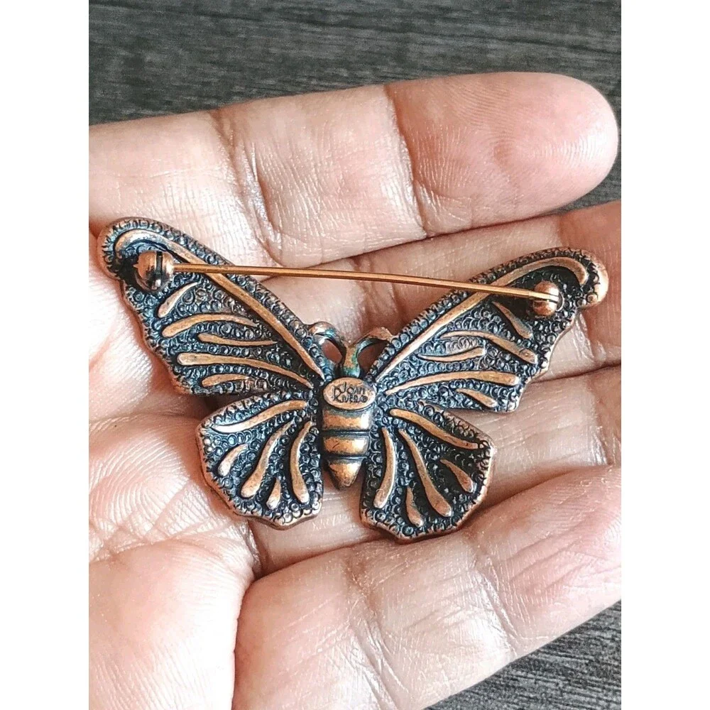 Joan Rivers Butterfly Copper Orange Green Rhinestone Pearlized Enamel Brooch